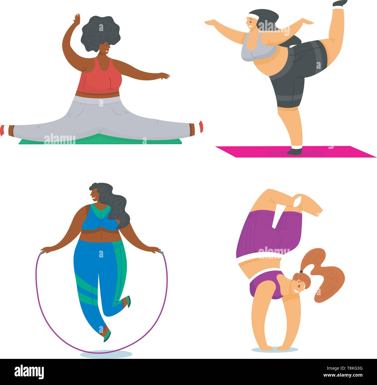 Fitness girls Plus Size. Health sport in club. Set of Fat Woman doing  exercises, loses weight, running on the simulator, warming up. Training  pose in Stock Vector Image & Art - Alamy