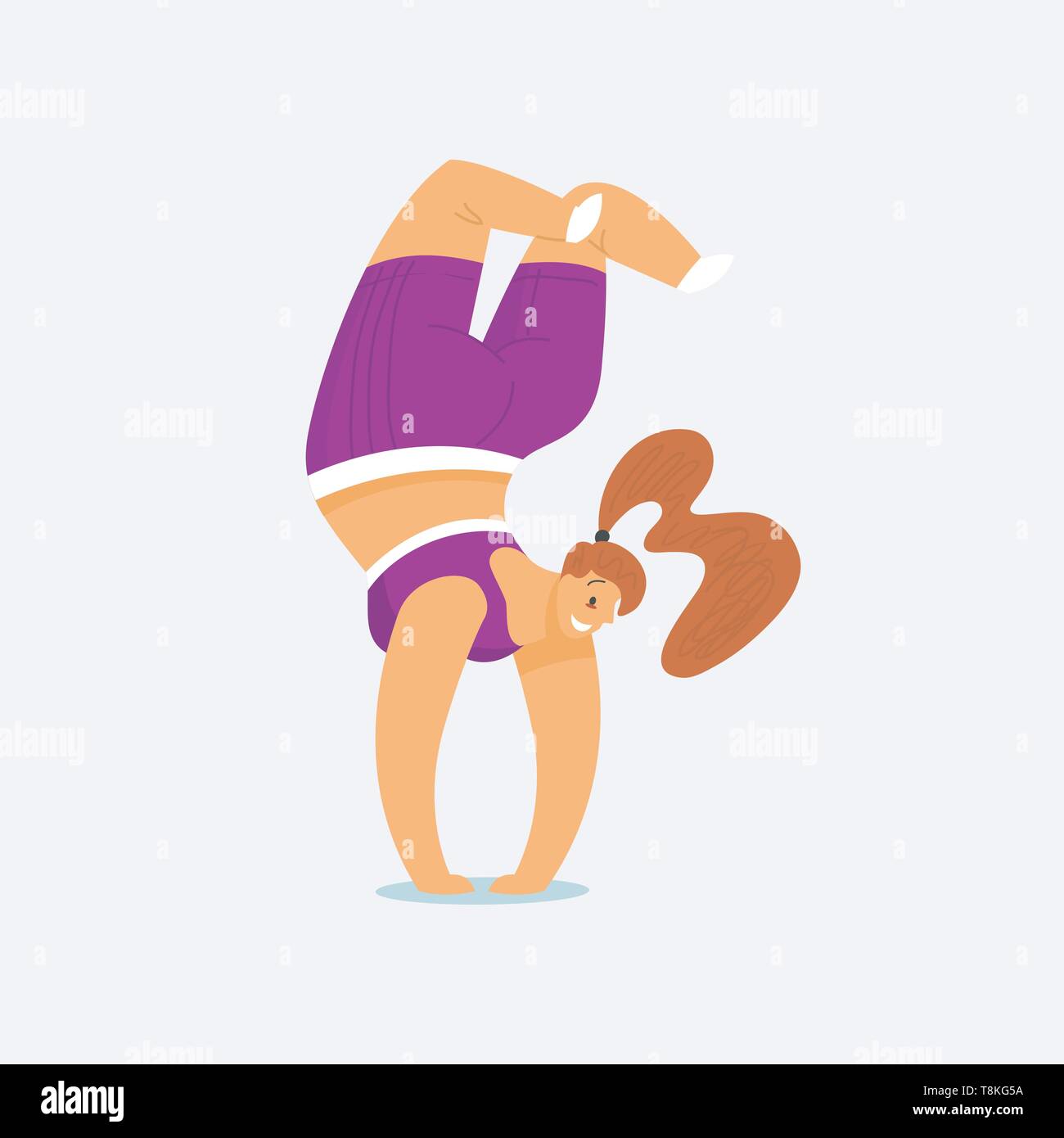 Gymnast Girl Plus Size. Health sport in club. Fat fitness Woman doing exercises, weight loss, warming up. Training pose in yoga classes, Cute female. Stock Vector