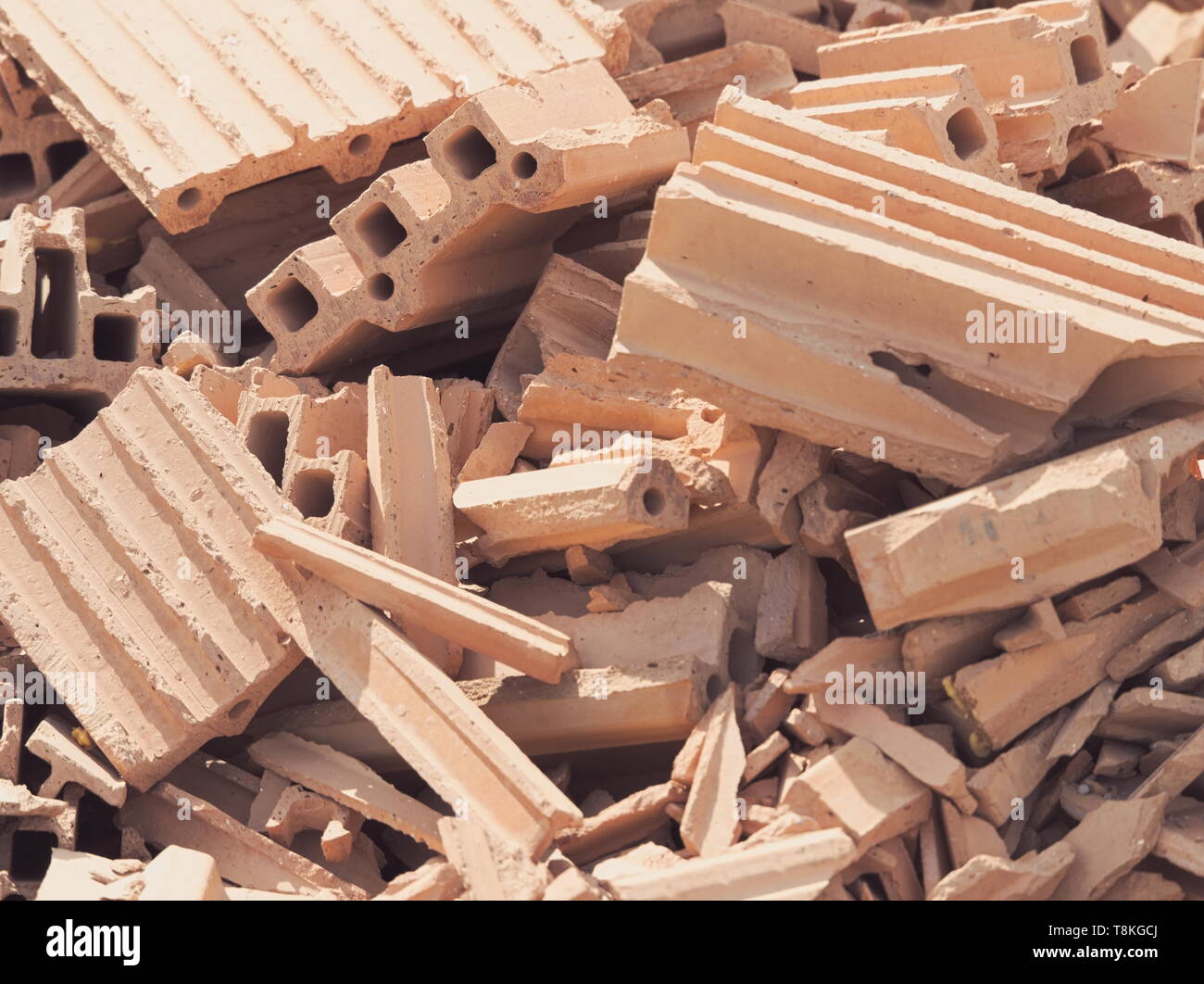 Red Brick Debris Pile on a Sunny Day Closeup Stock Photo