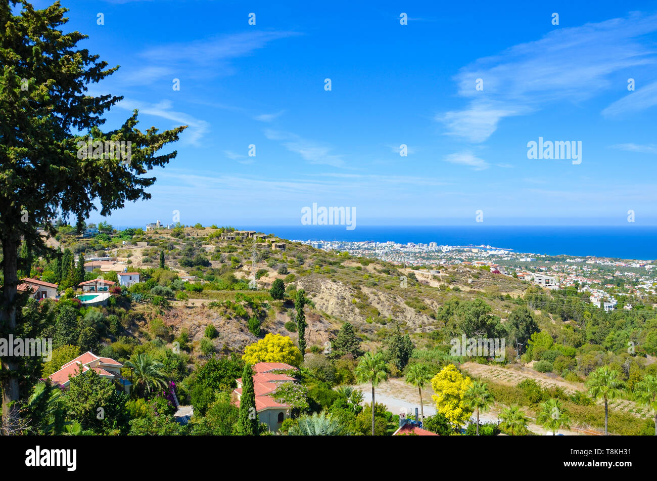 Amazing landscape of Kyrenia region overlooking the Mediterranean in Turkish Northern Cyprus taken in the late summer. Beautiful Kyrenia region Stock Photo