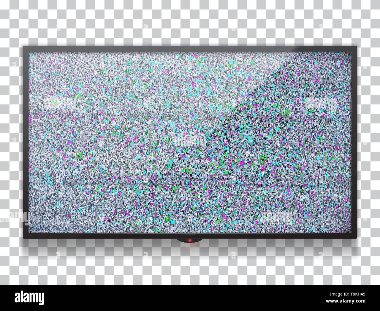 Realistic  flat lcd tv template with static tv color noise with glitch effect. Stock Vector