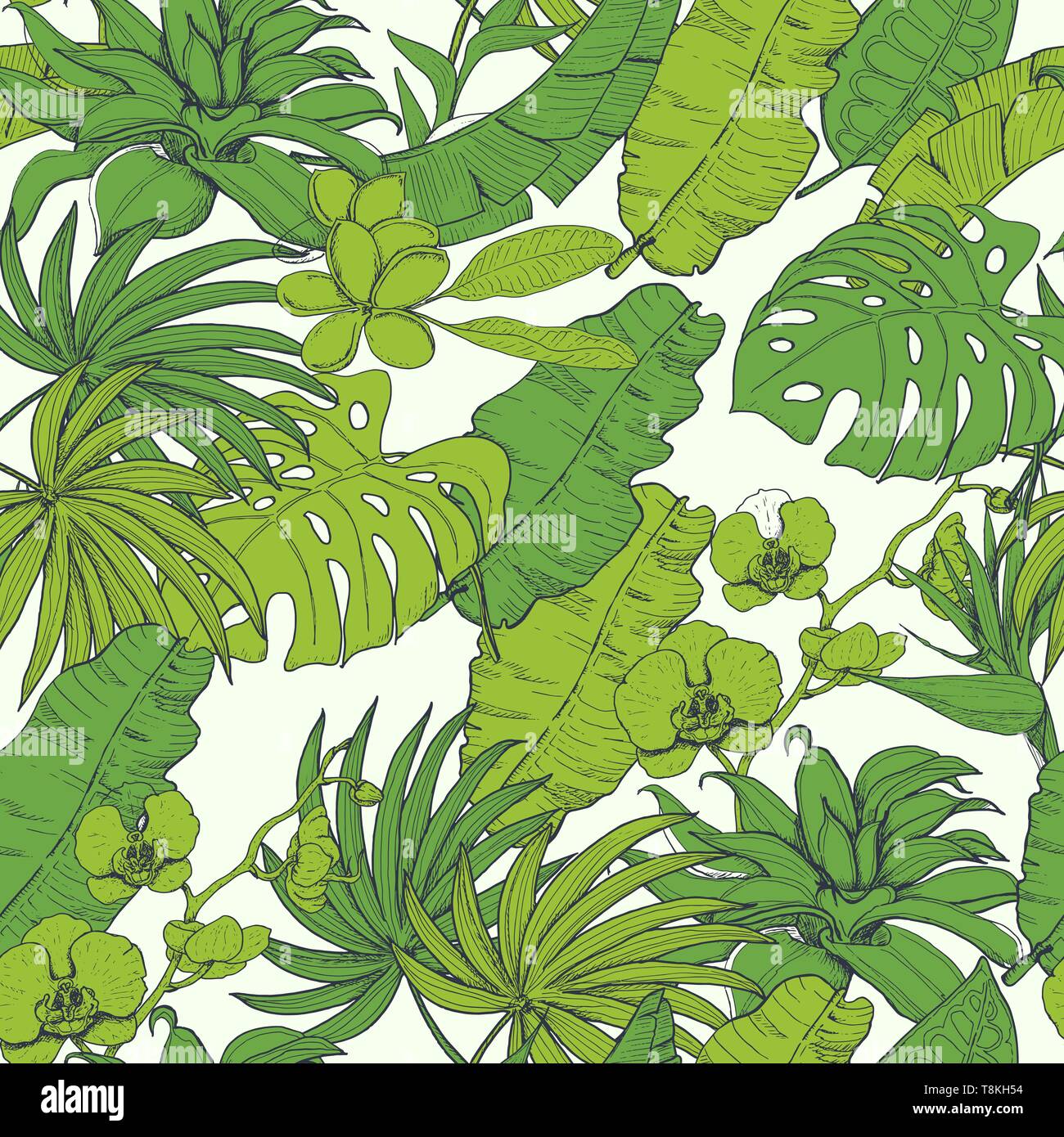 Seamless pattern with tropical plants and flowers. Vector illustration for your design Stock Vector