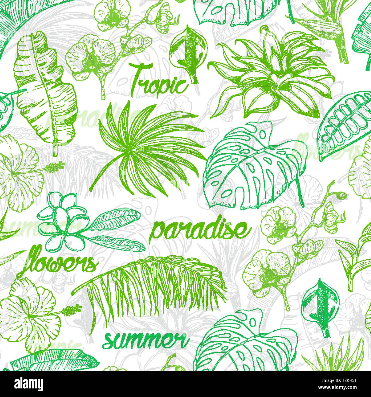 Seamless pattern with tropical plants and flowers. Vector illustration ...