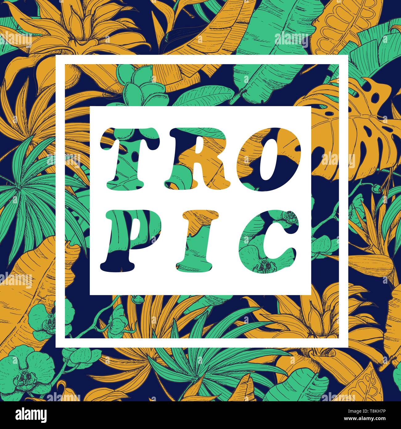 Vector background with tropical plants and flowers on dark background ...