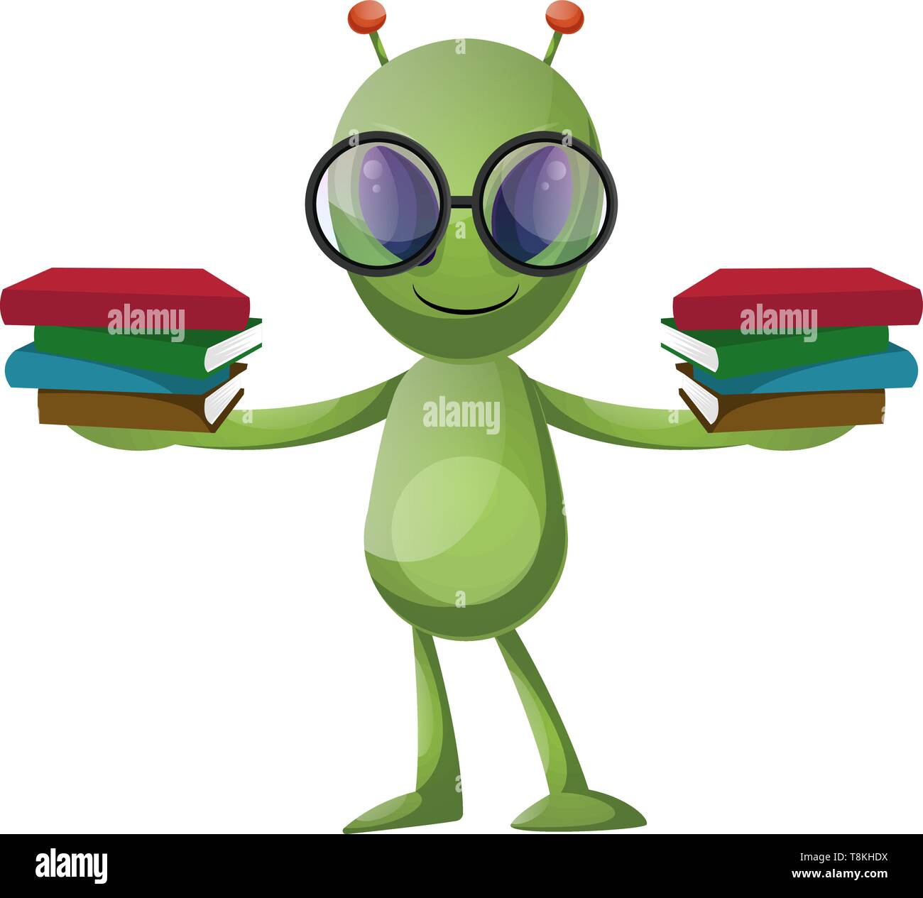 Alien with books, illustration, vector on white background Stock Vector