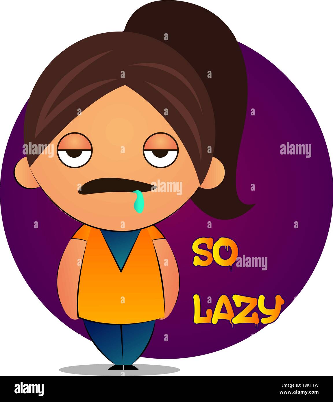 Lazy girl with brown ponytail and purple background, illustration