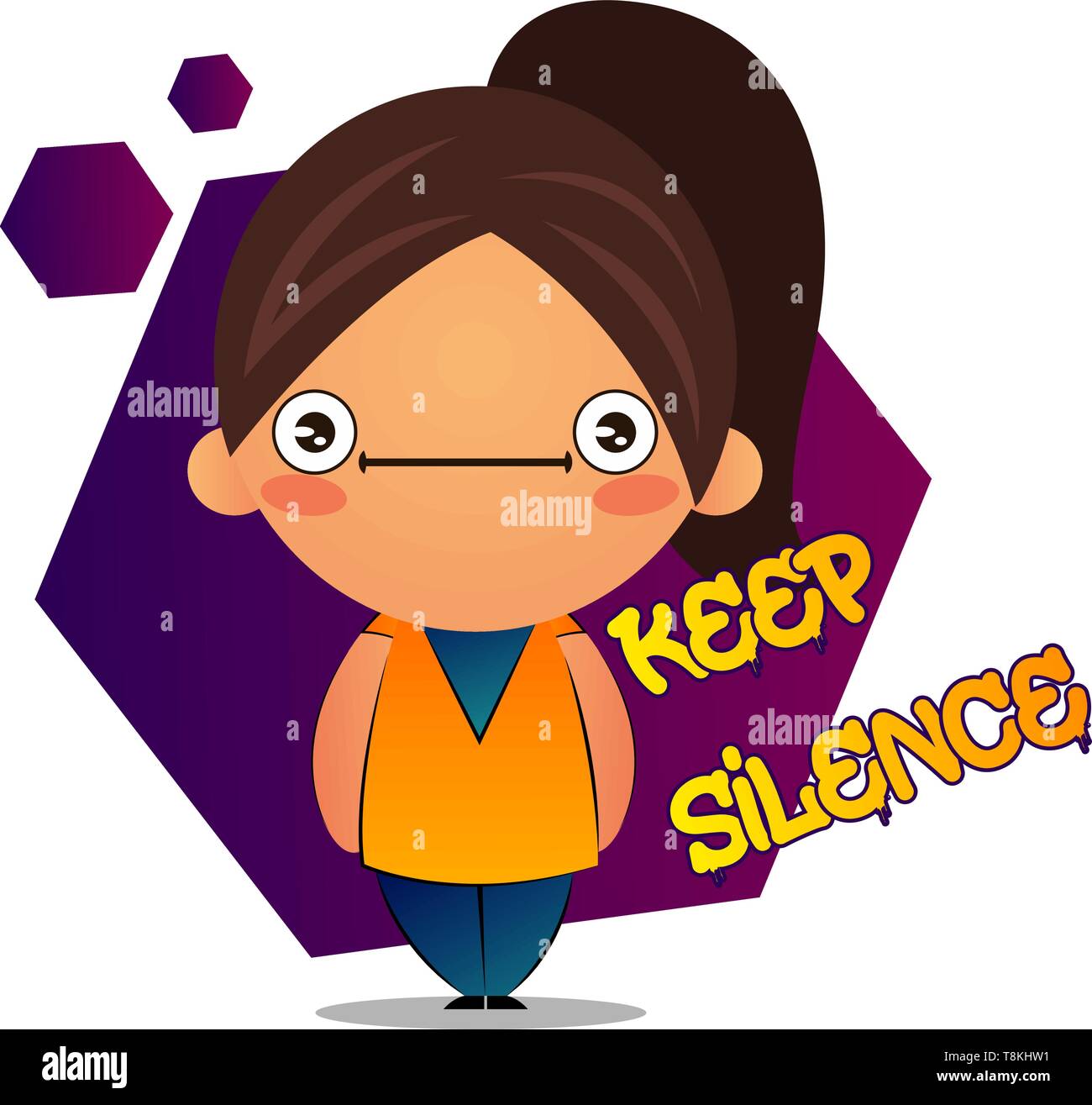 Speechless girl with brown ponytail and purple background, illustration