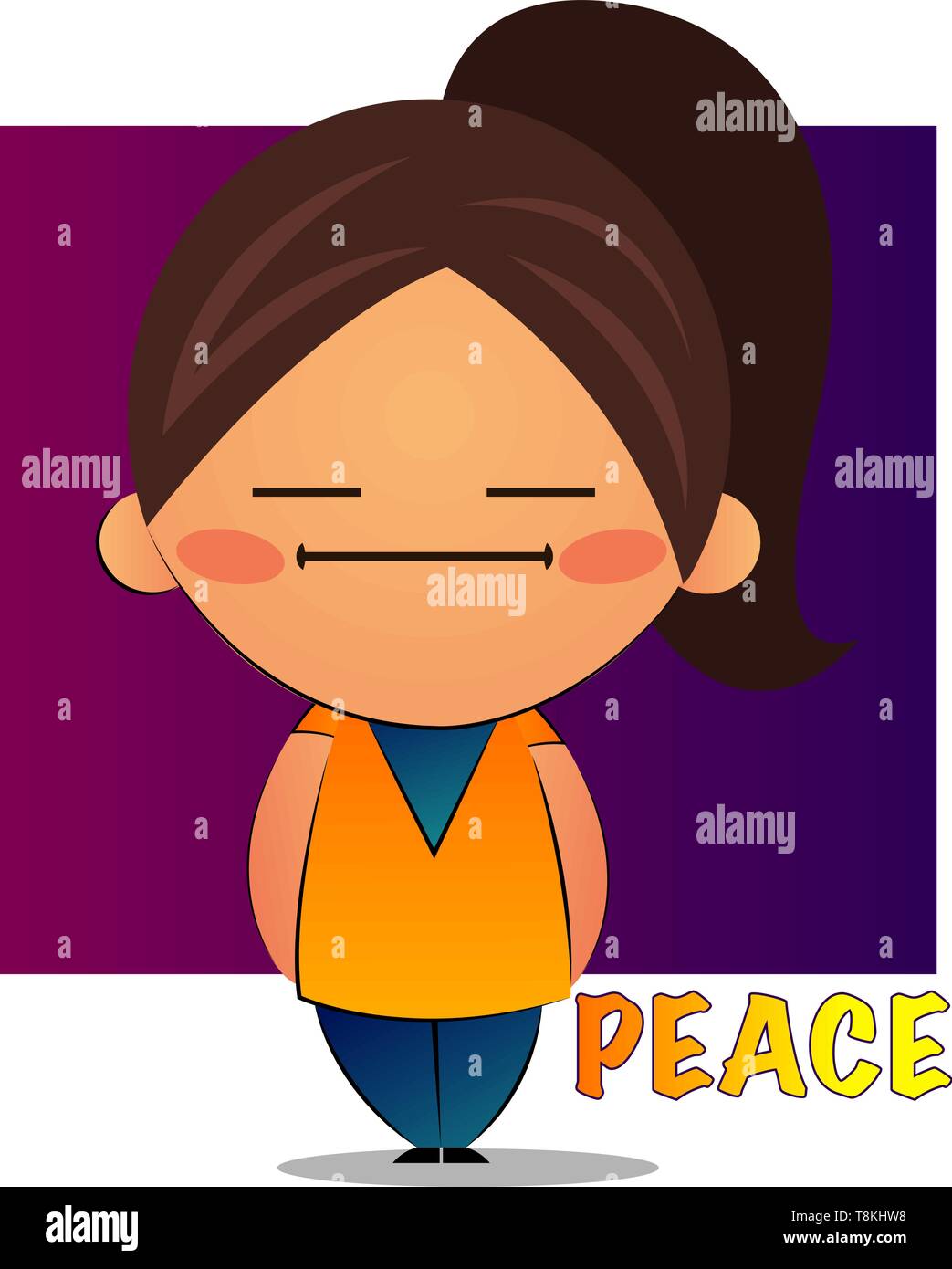 Girl with brown ponytail and purple background feeling peace