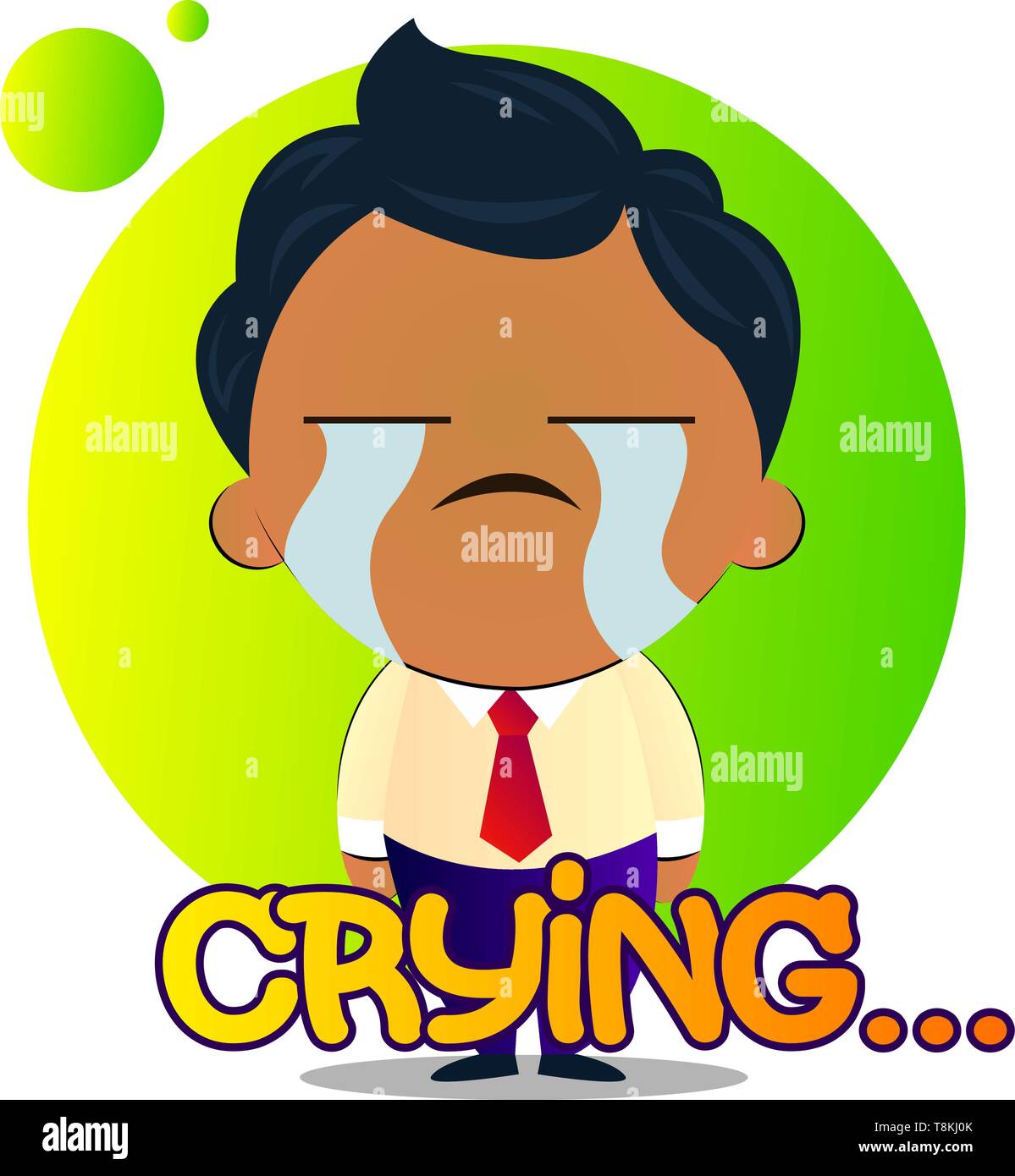 Boy with black curly hair is crying, illustration, vector on white background. Stock Vector