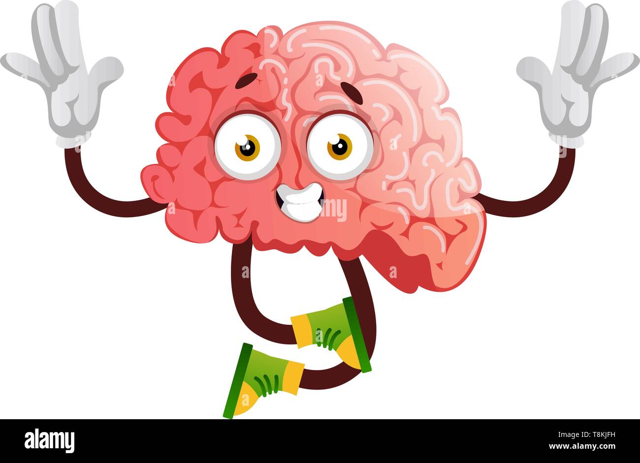 Brain sitting with hands raised, illustration, vector on white background. Stock Vector