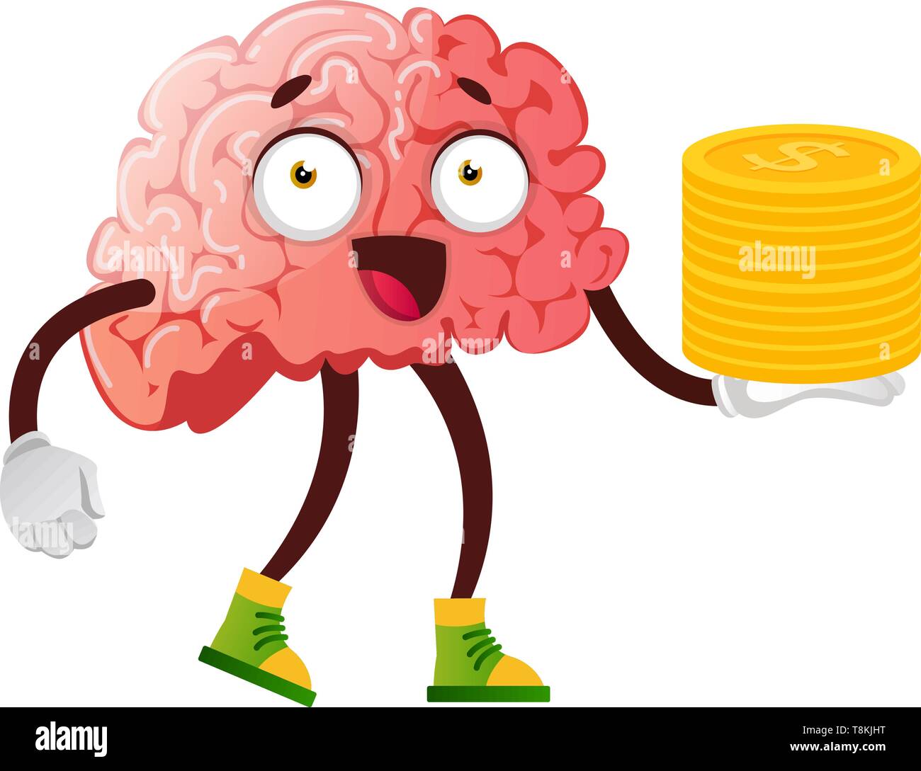 Brain holding coins in hand, illustration, vector on white background. Stock Vector
