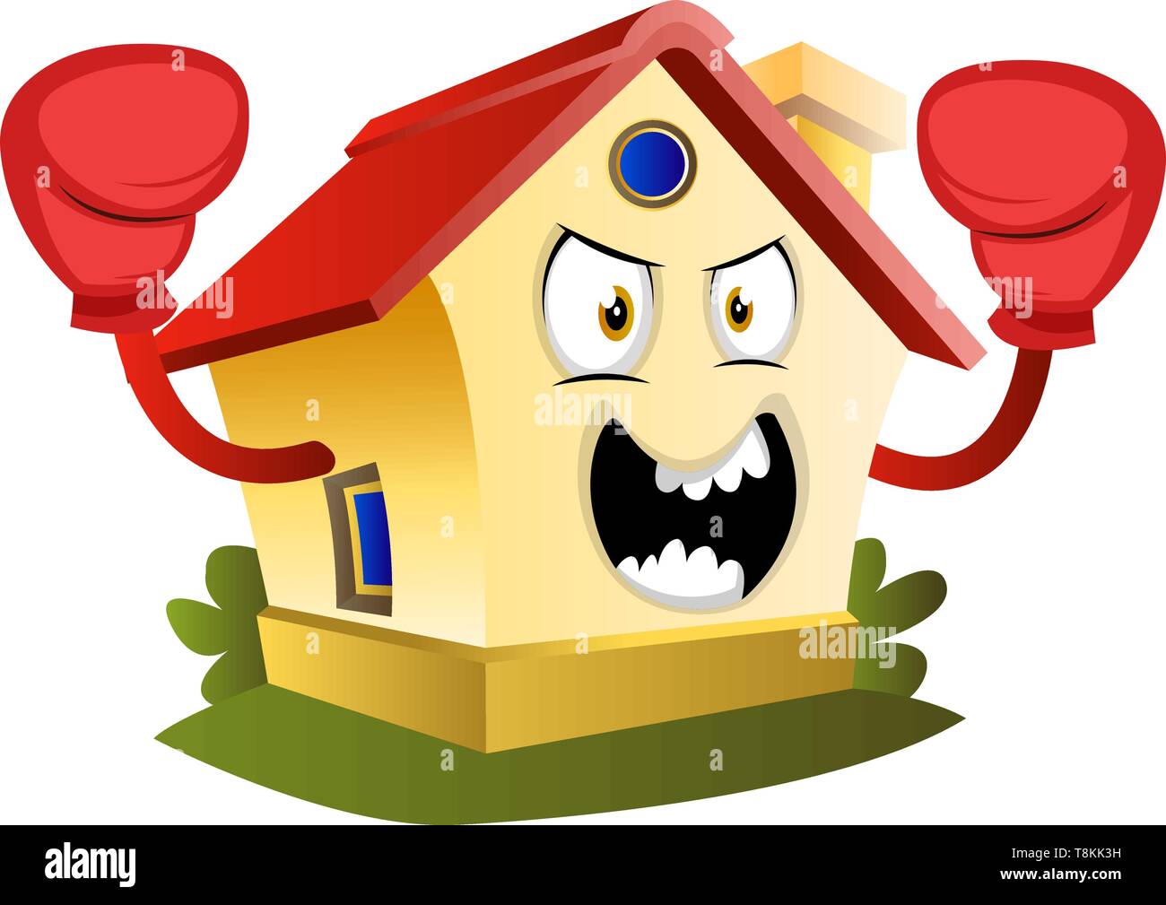 House is wearing boxing gloves, illustration, vector on white background. Stock Vector
