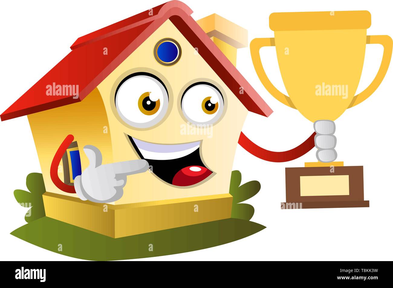 House is pointing on a winning trophy, illustration, vector on white background. Stock Vector
