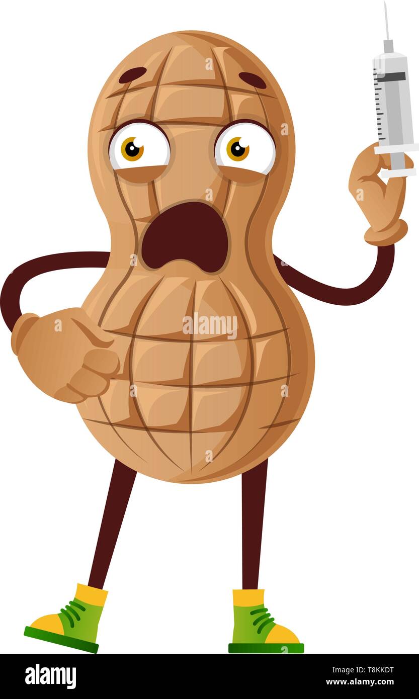 Peanut with injection, illustration, vector on white background. Stock Vector