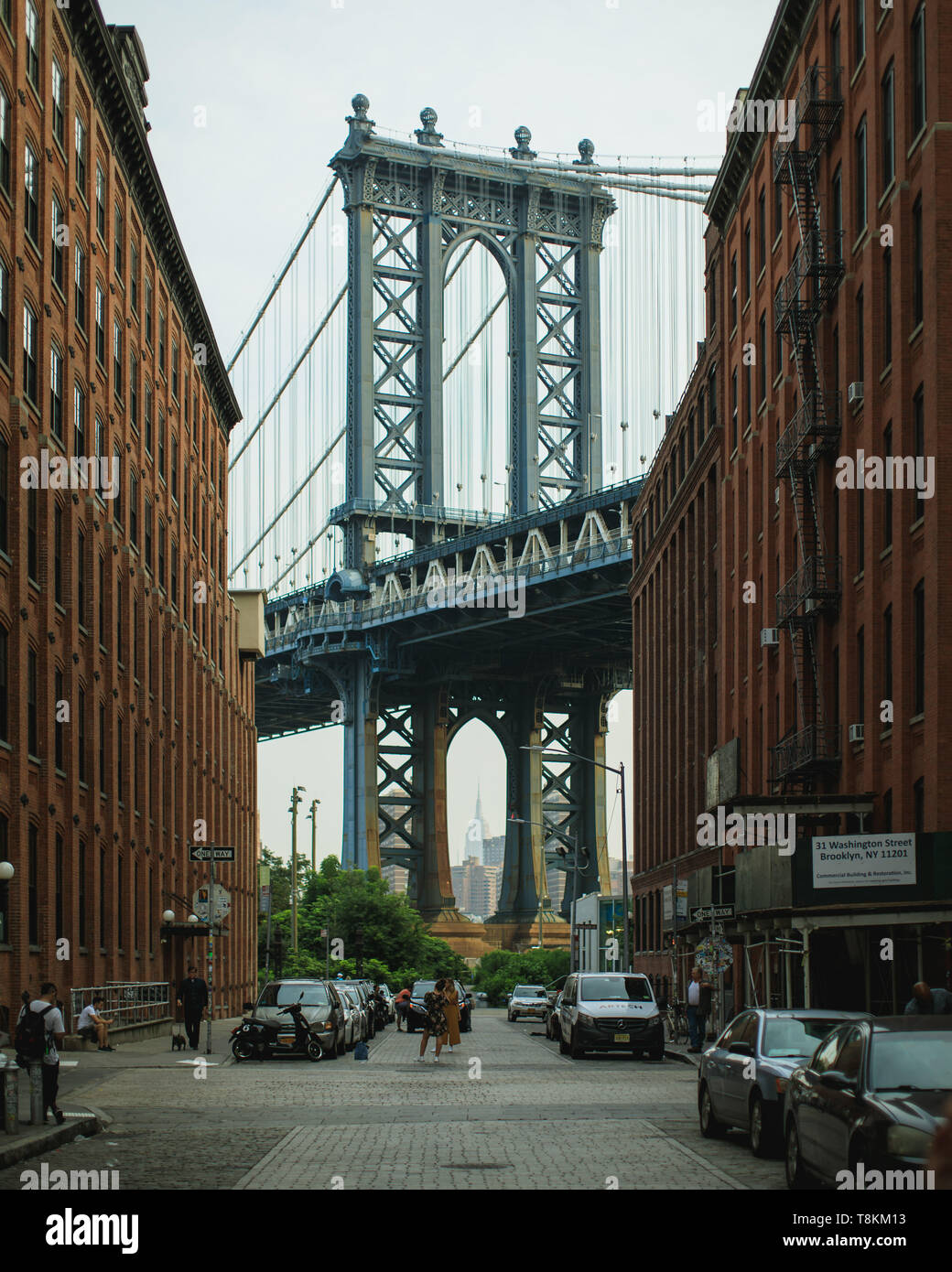 Manhattan bridge from Canal Street, Dumbo, Brooklyn. Stock Photo