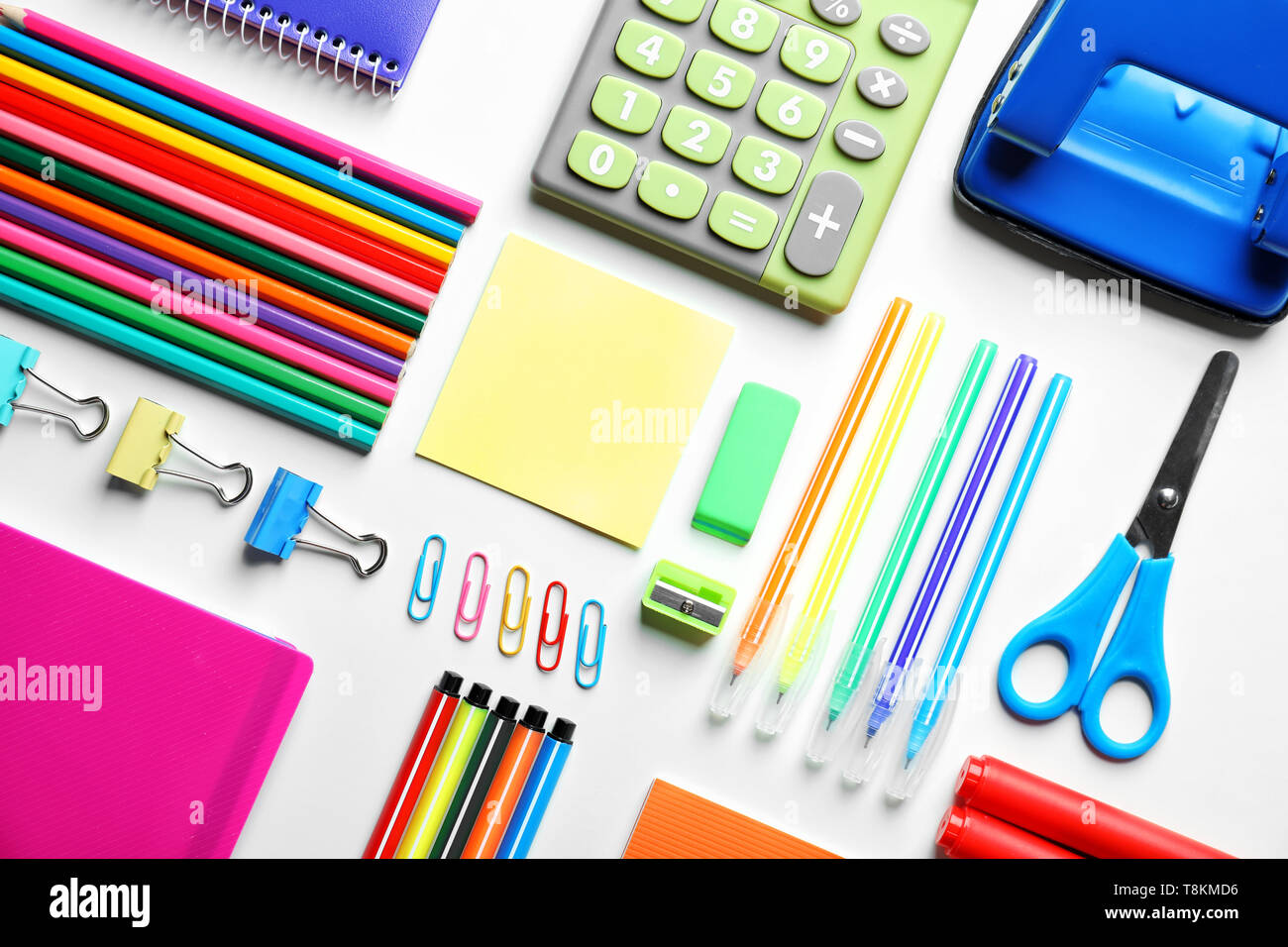 Composition with different school stationery and calculator on white background Stock Photo