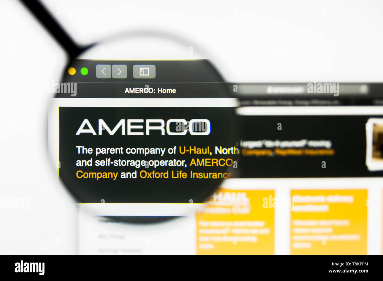 Richmond, Virginia, USA - 8 May 2019: Illustrative Editorial of Amerco website homepage. Amerco logo visible on screen. Stock Photo