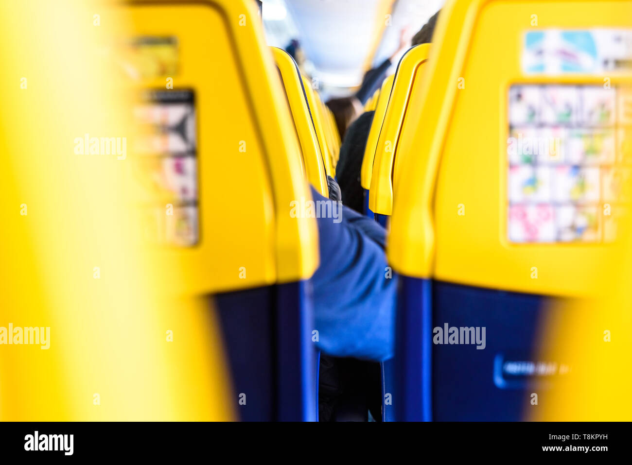 Valencia, Spain March 8, 2019 Back of the seats of a Boeing plane