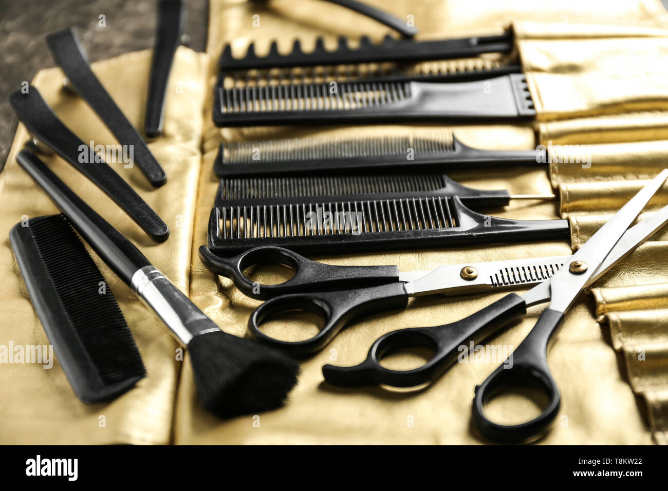 Bag With Professional Hairdresser S Set On Table Stock Photo
