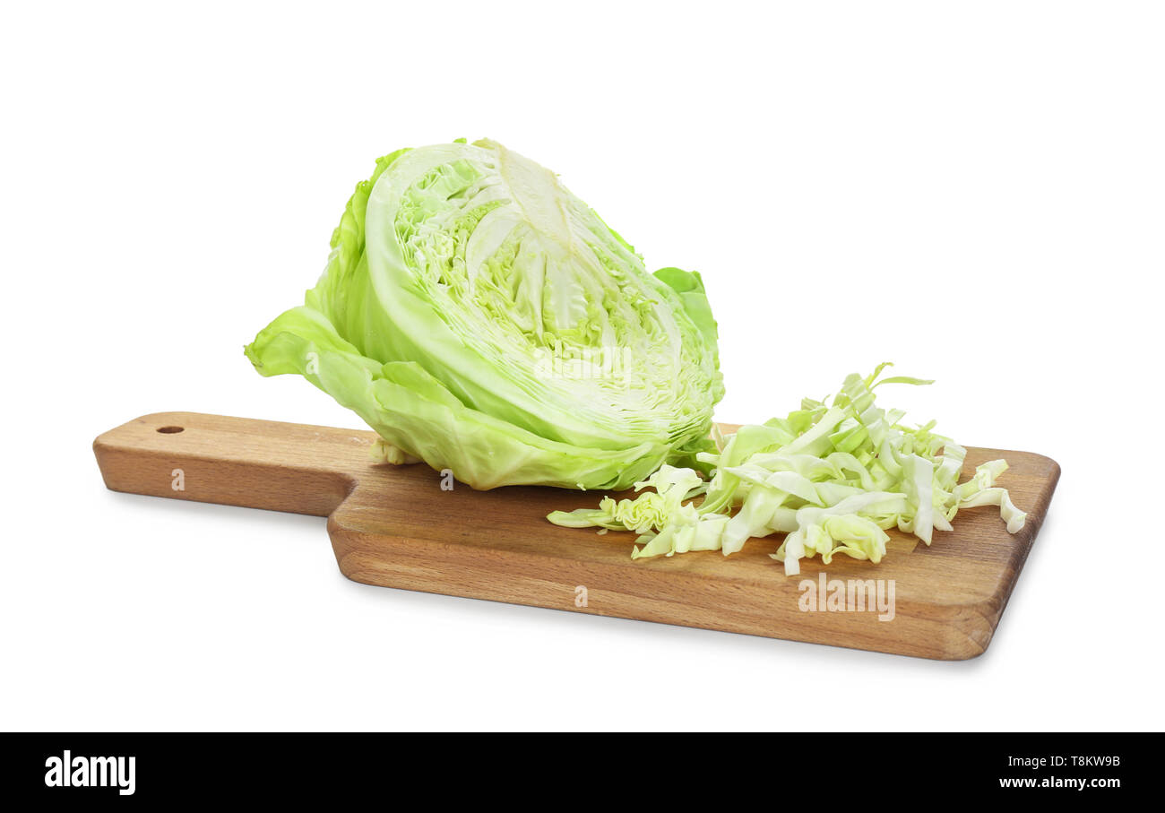Wooden board with cut cabbage on white background Stock Photo - Alamy
