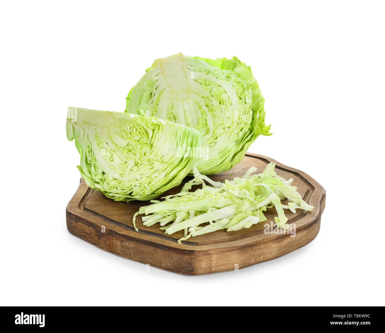 Wooden board with cut cabbage on white background Stock Photo - Alamy