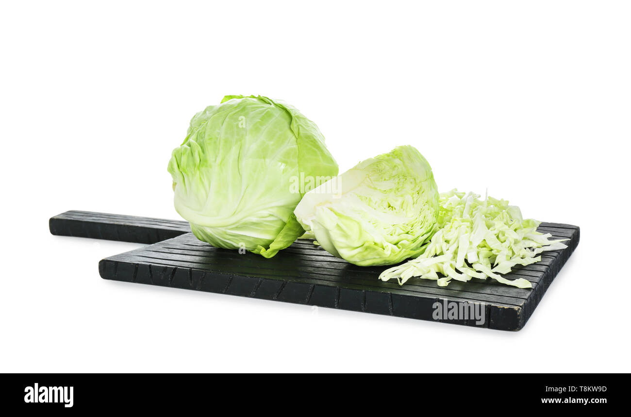 Wooden board with whole and cut cabbage on white background Stock Photo ...