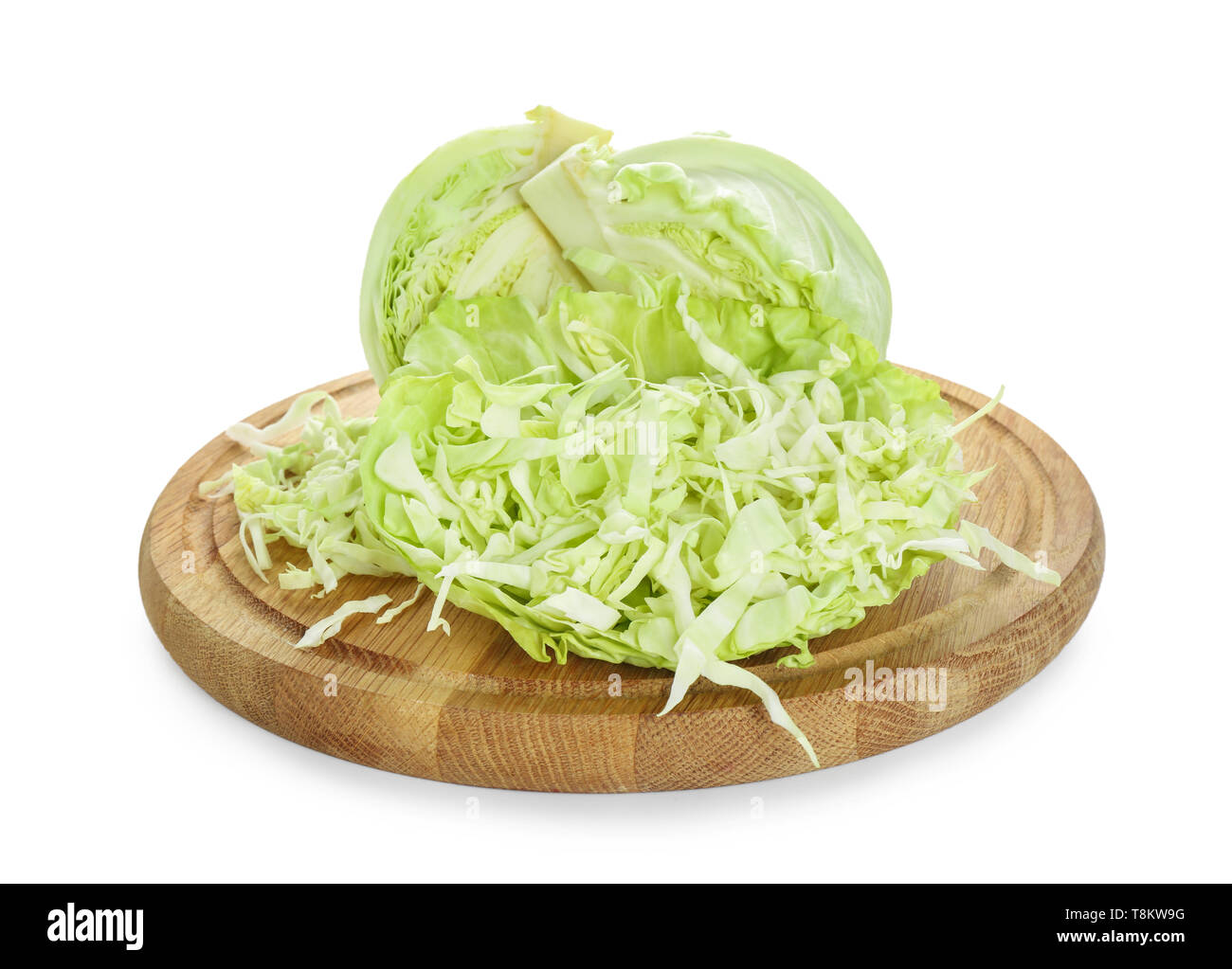 Wooden board with cut cabbage on white background Stock Photo - Alamy