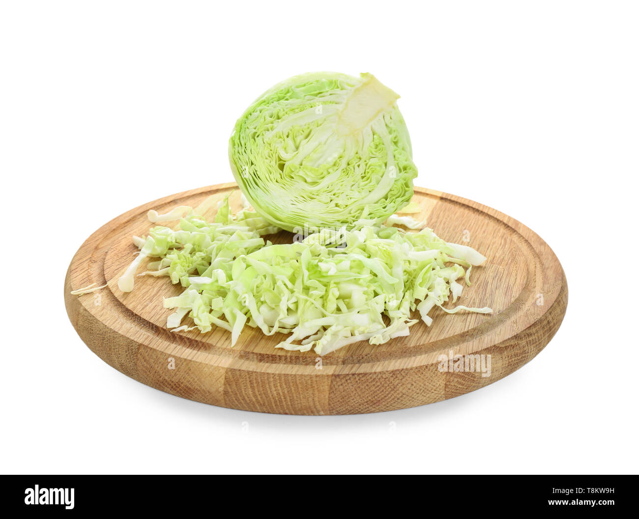 Wooden board with cut cabbage on white background Stock Photo - Alamy