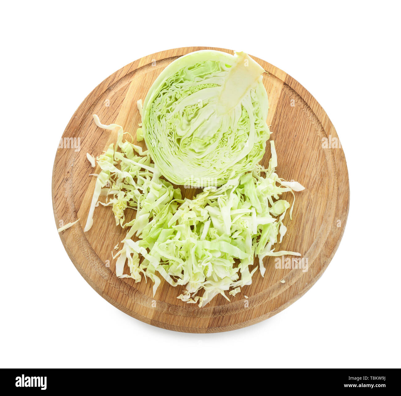 Wooden board with cut cabbage on white background Stock Photo - Alamy