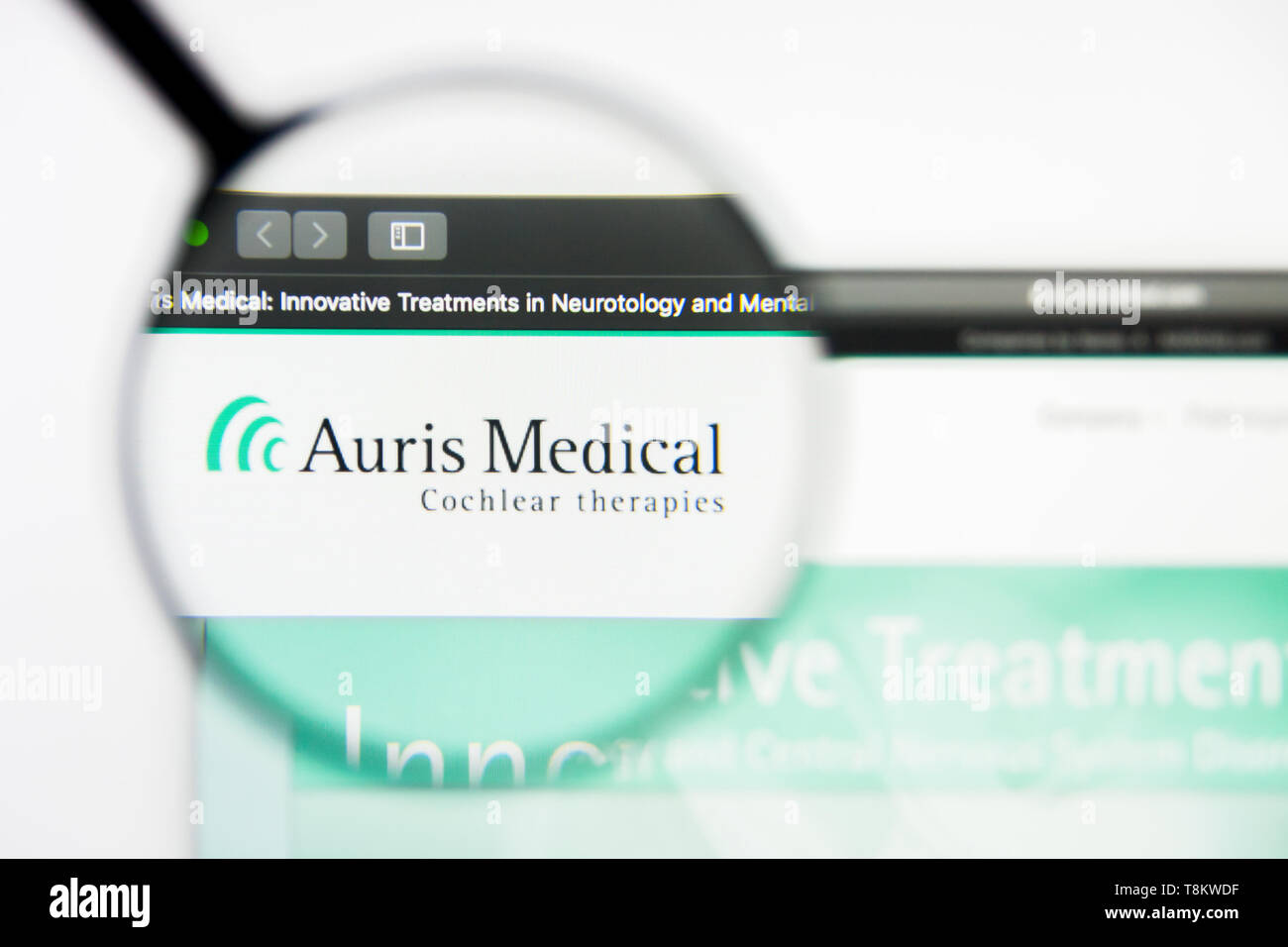 Richmond, Virginia, USA - 9 May 2019: Illustrative Editorial of Auris Medical Holding Ltd website homepage. Auris Medical Holding Ltd logo visible on  Stock Photo