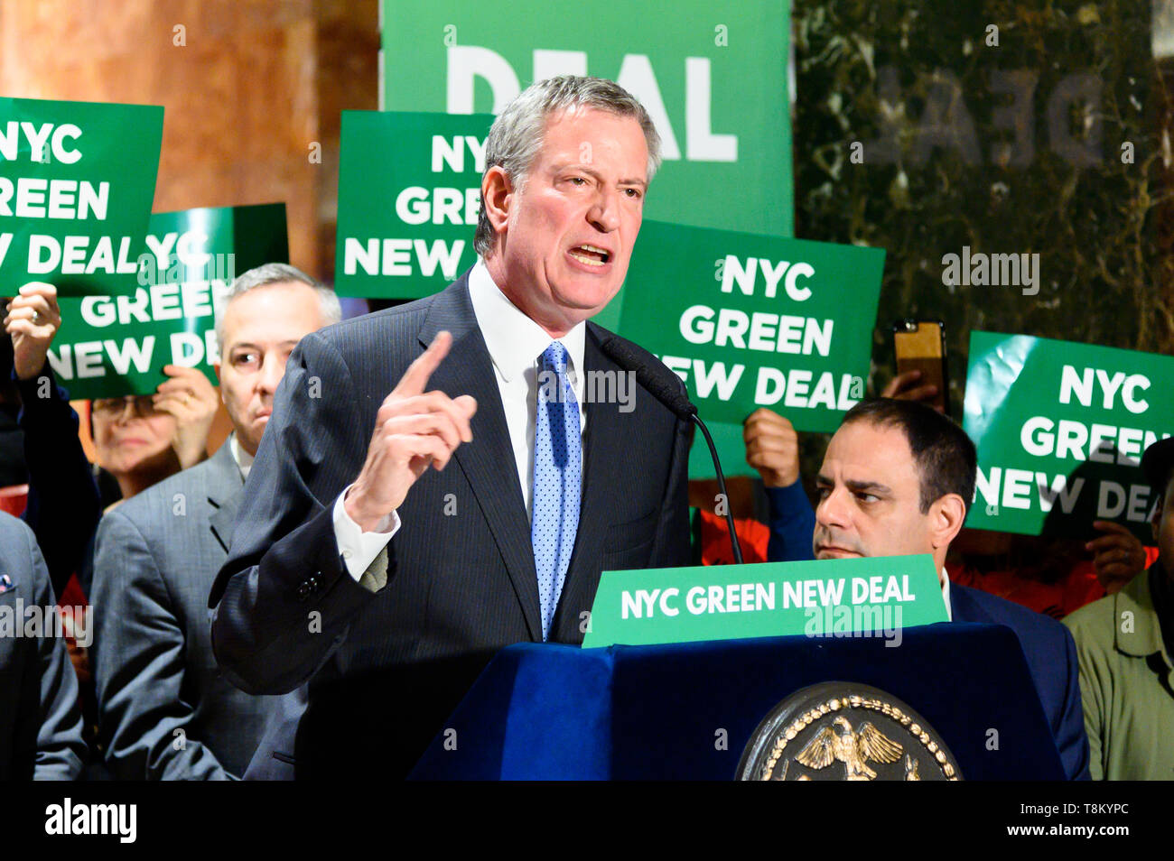 New York City Mayor, Bill de Blasio (D) seen speaking during the Green ...