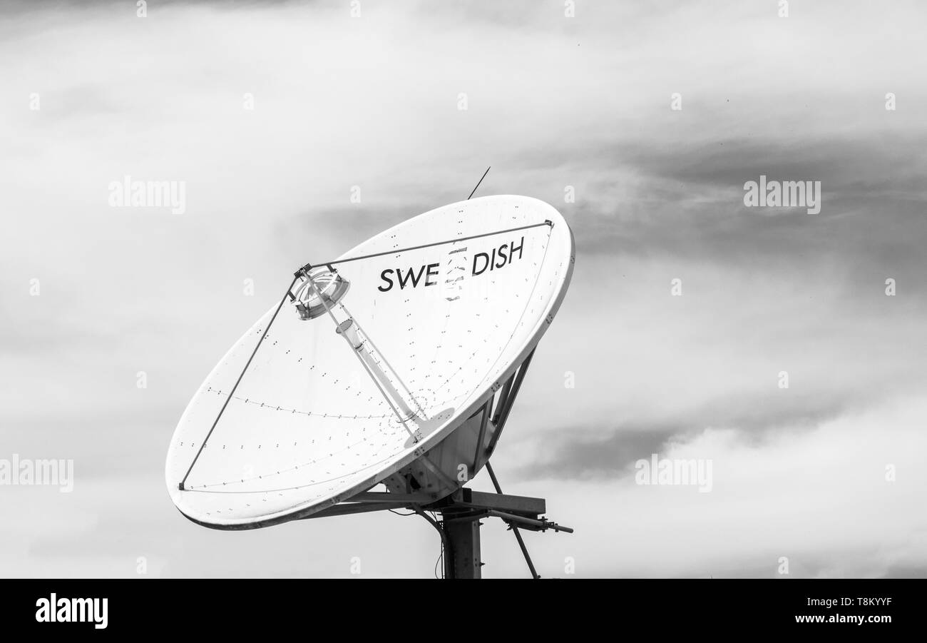 Baku, Azerbaijan - May 1, 2019: Swe-Dish professional satellite communication system satellite communications equipment broadband applications black and white image  Stock Photo