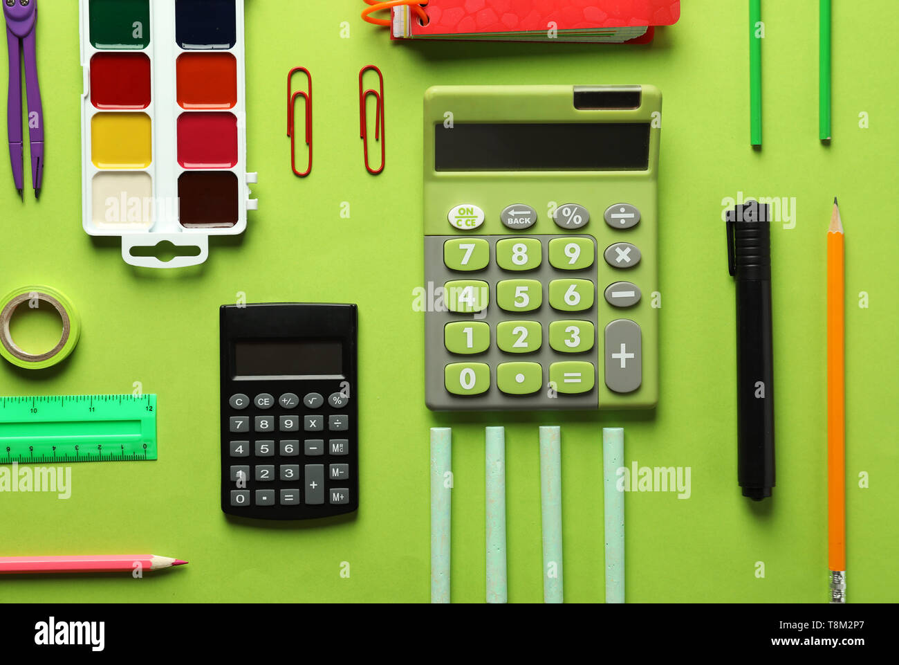 Composition with different school stationery on color background Stock Photo