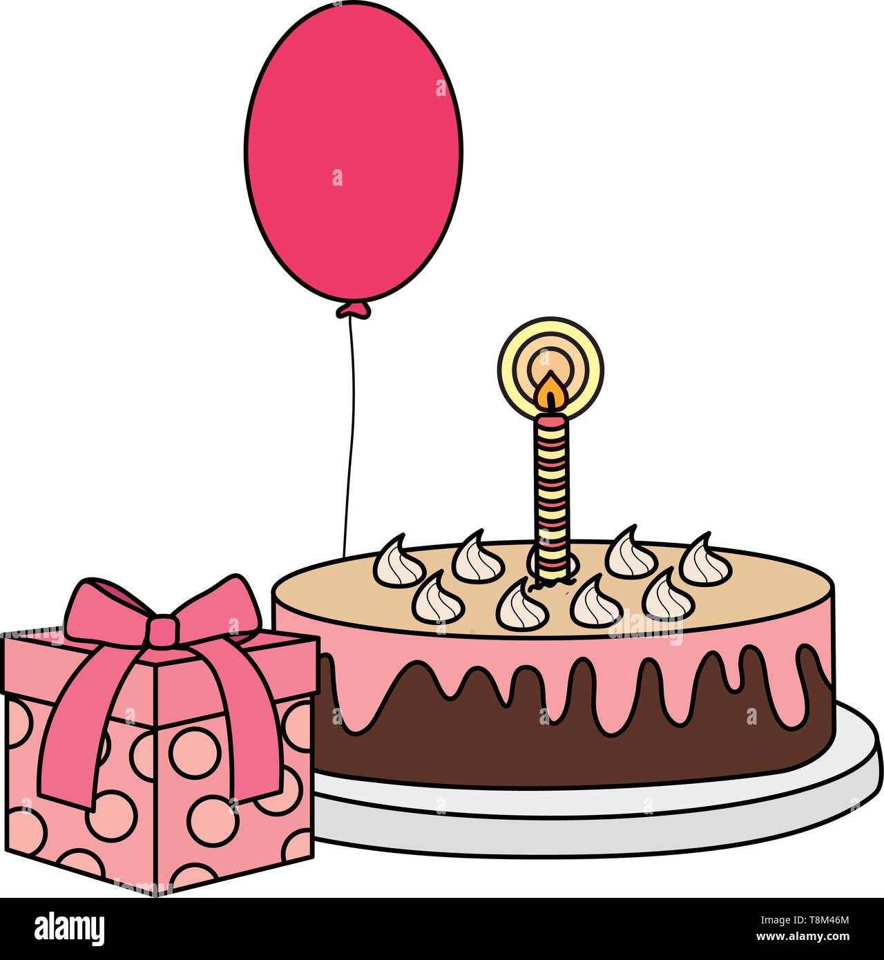 gift box with sweet cake and balloon helium floating vector ...