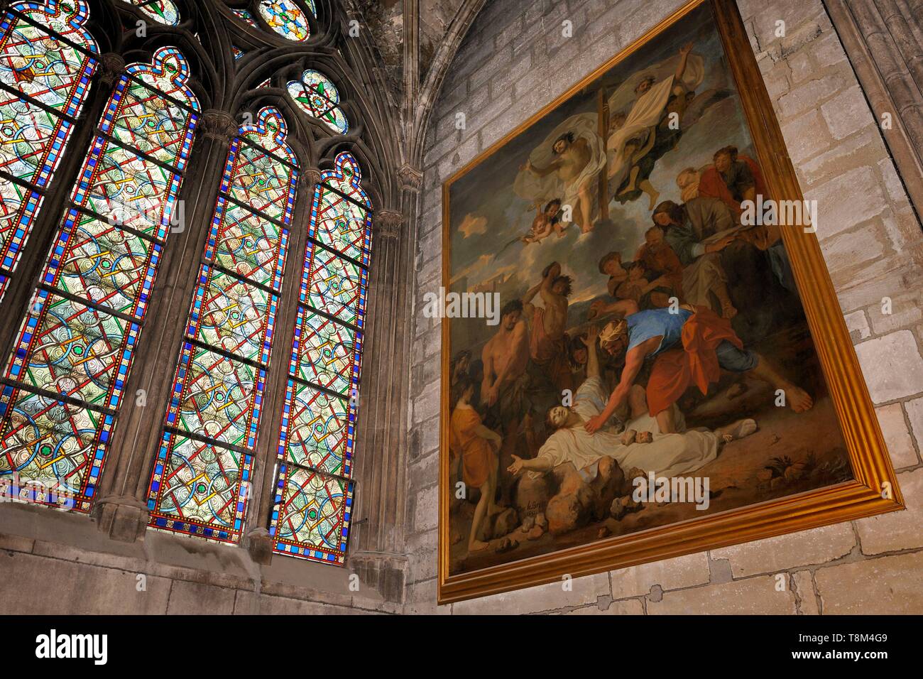 France, Paris, area listed as World Heritage by UNESCO, Ile de la Cite, Notre Dame Cathedral, a May in Saint-Eloi chapel, the stoning of Saint-Etienne by Charles Le Brun Stock Photo