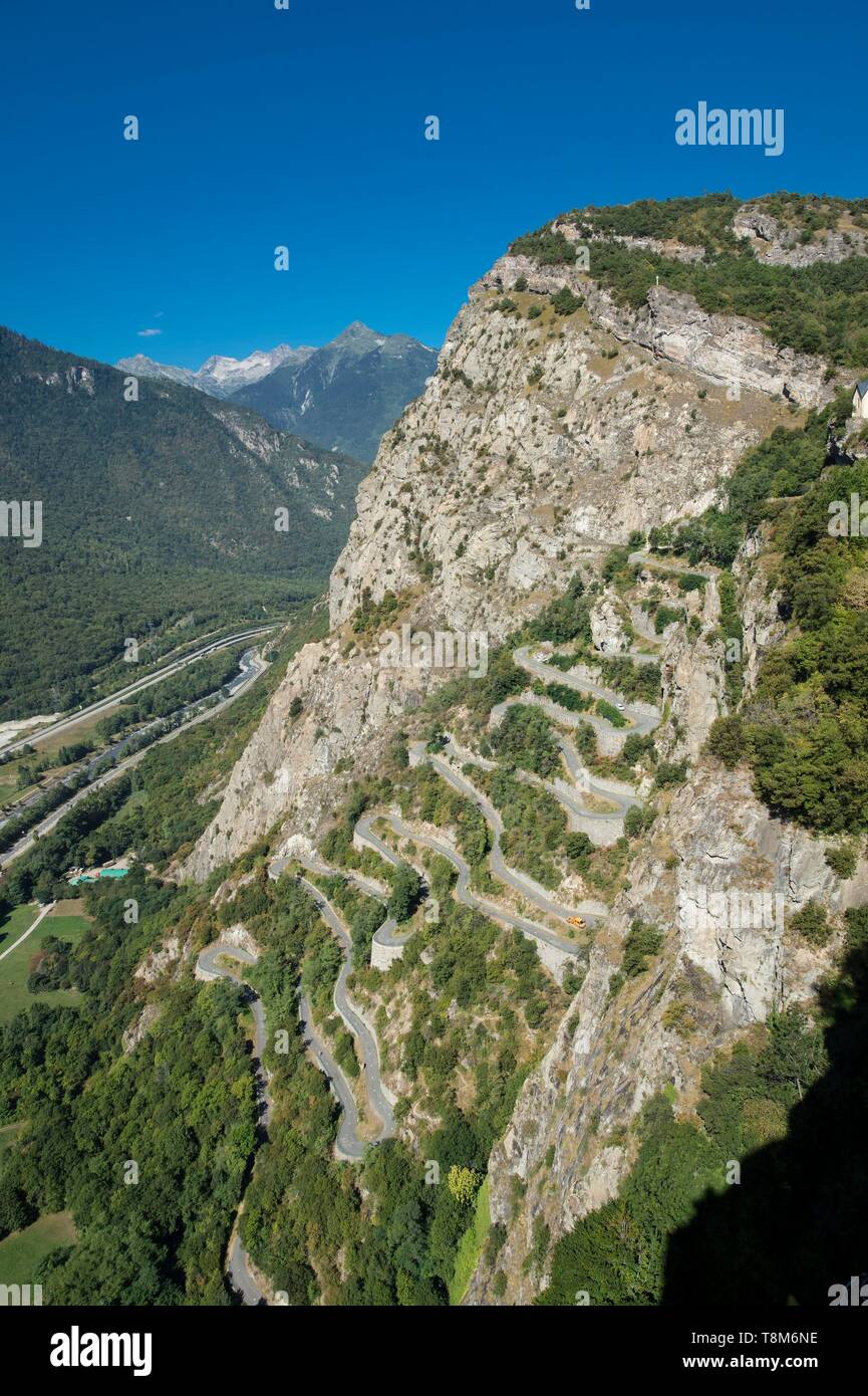 France, Savoie, Maurienne, on the largest cycling area in the world, the  incredible winding road of Montvernier near Saint Jean de Maurienne where  regularly passes the Tour de France, general view and
