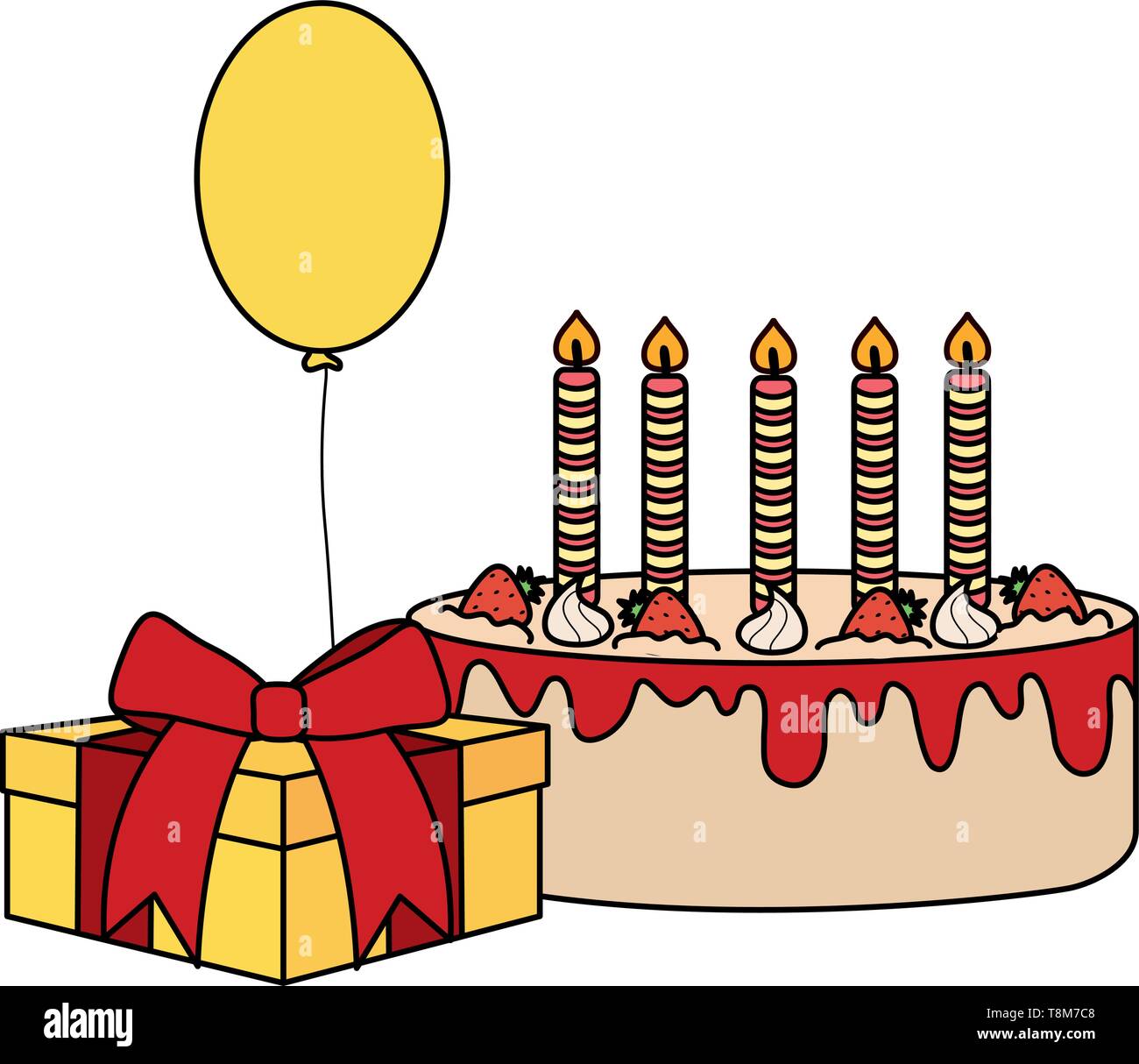 gift box with sweet cake and balloon helium floating vector ...