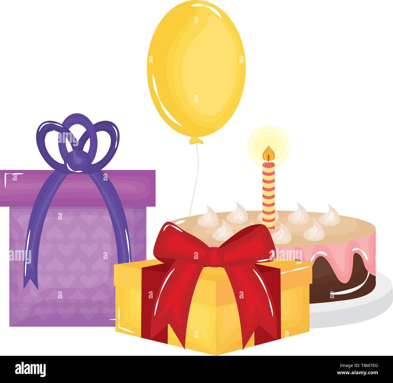 gift box with sweet cake and balloon helium floating vector ...