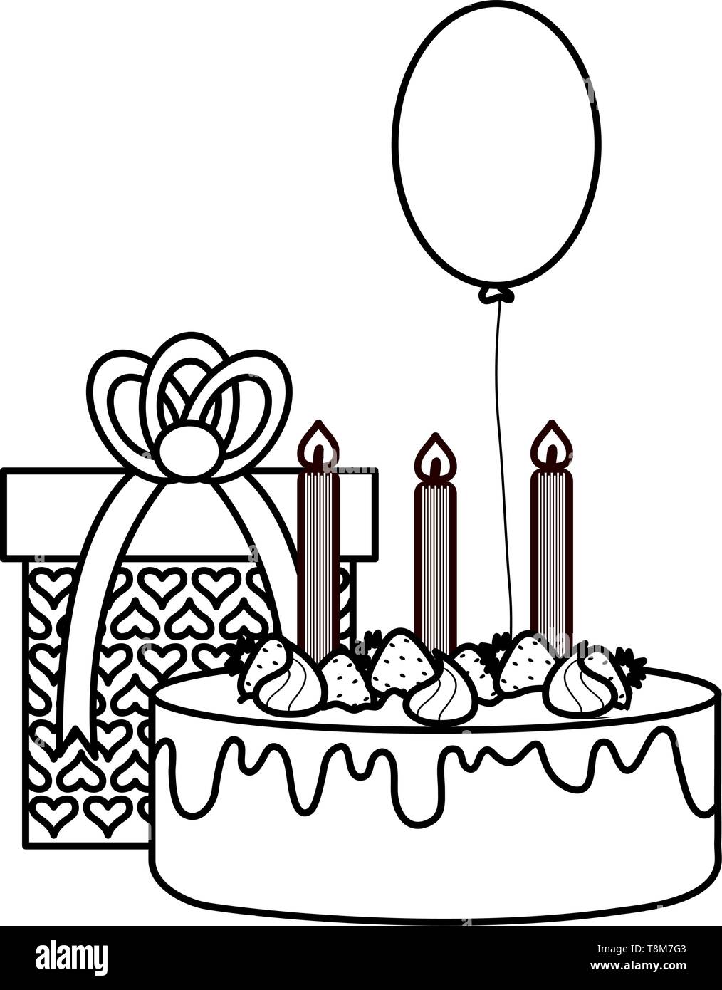 gift box with sweet cake and balloon helium floating vector ...