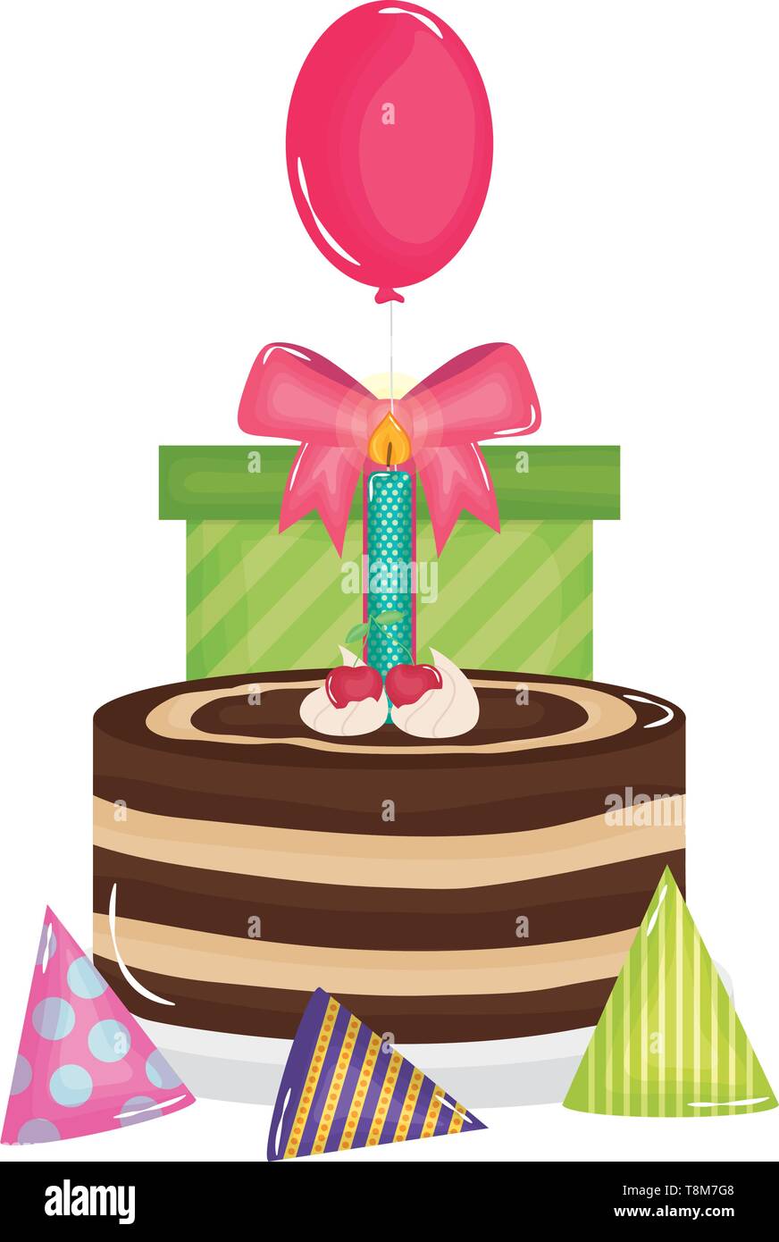 gift box with sweet cake and balloon helium floating vector ...