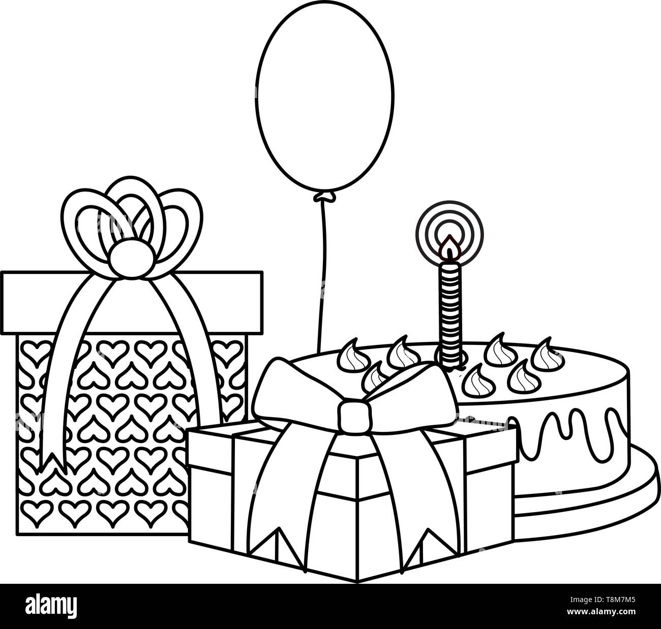 gift box with sweet cake and balloon helium floating vector ...