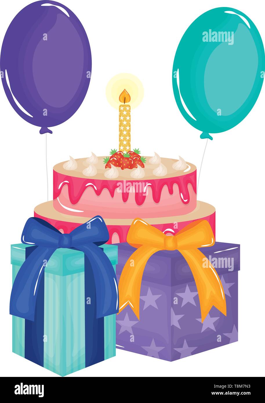 gift box with sweet cake and balloons helium floating vector ...