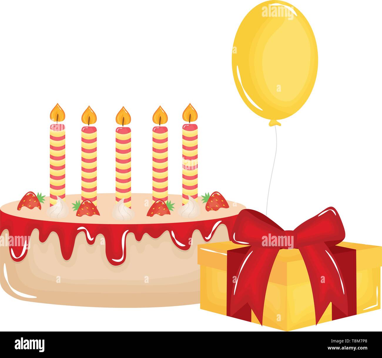 gift box with sweet cake and balloon helium floating vector ...