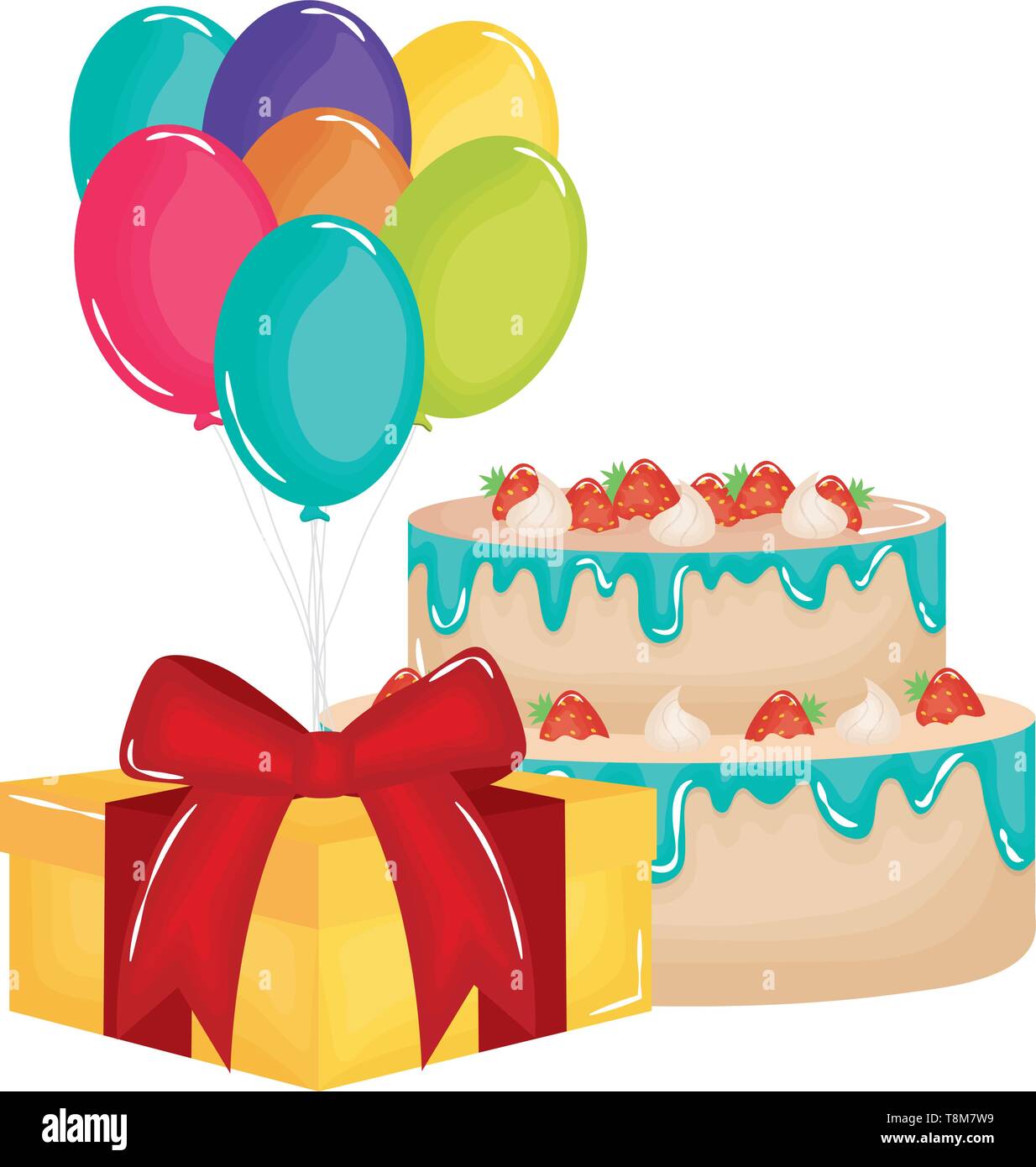 gift box with sweet cake and balloons helium floating vector ...