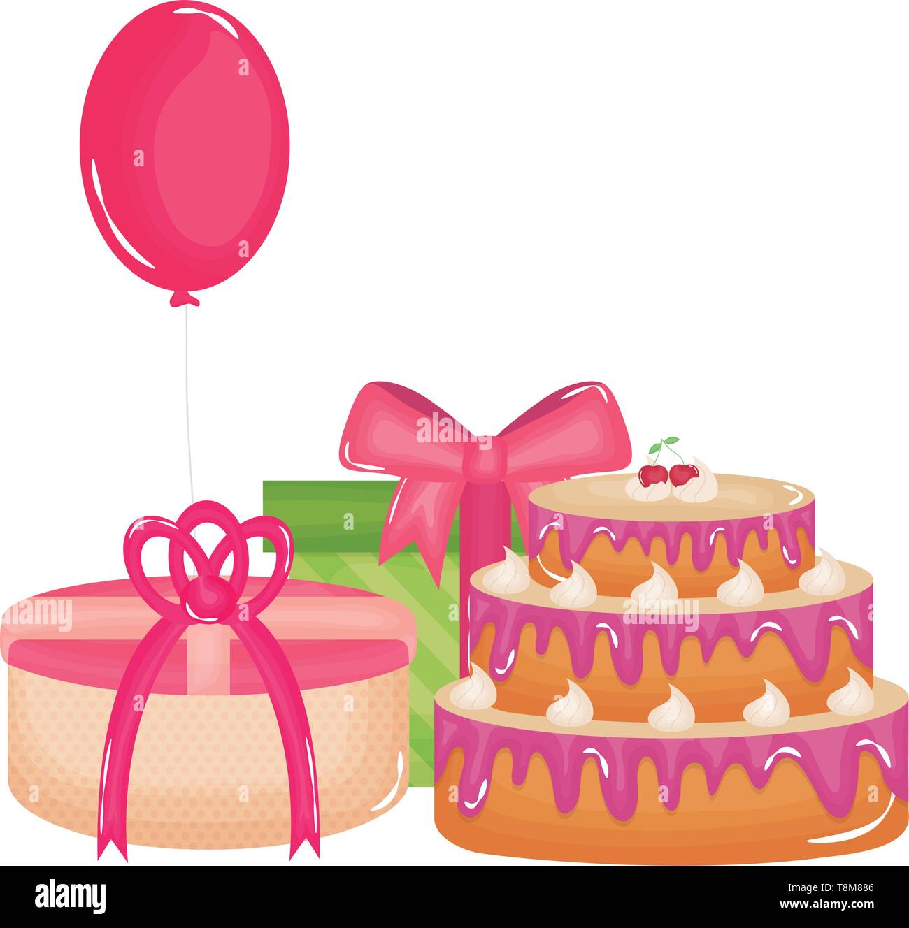 gift box with sweet cake and balloon helium floating vector ...