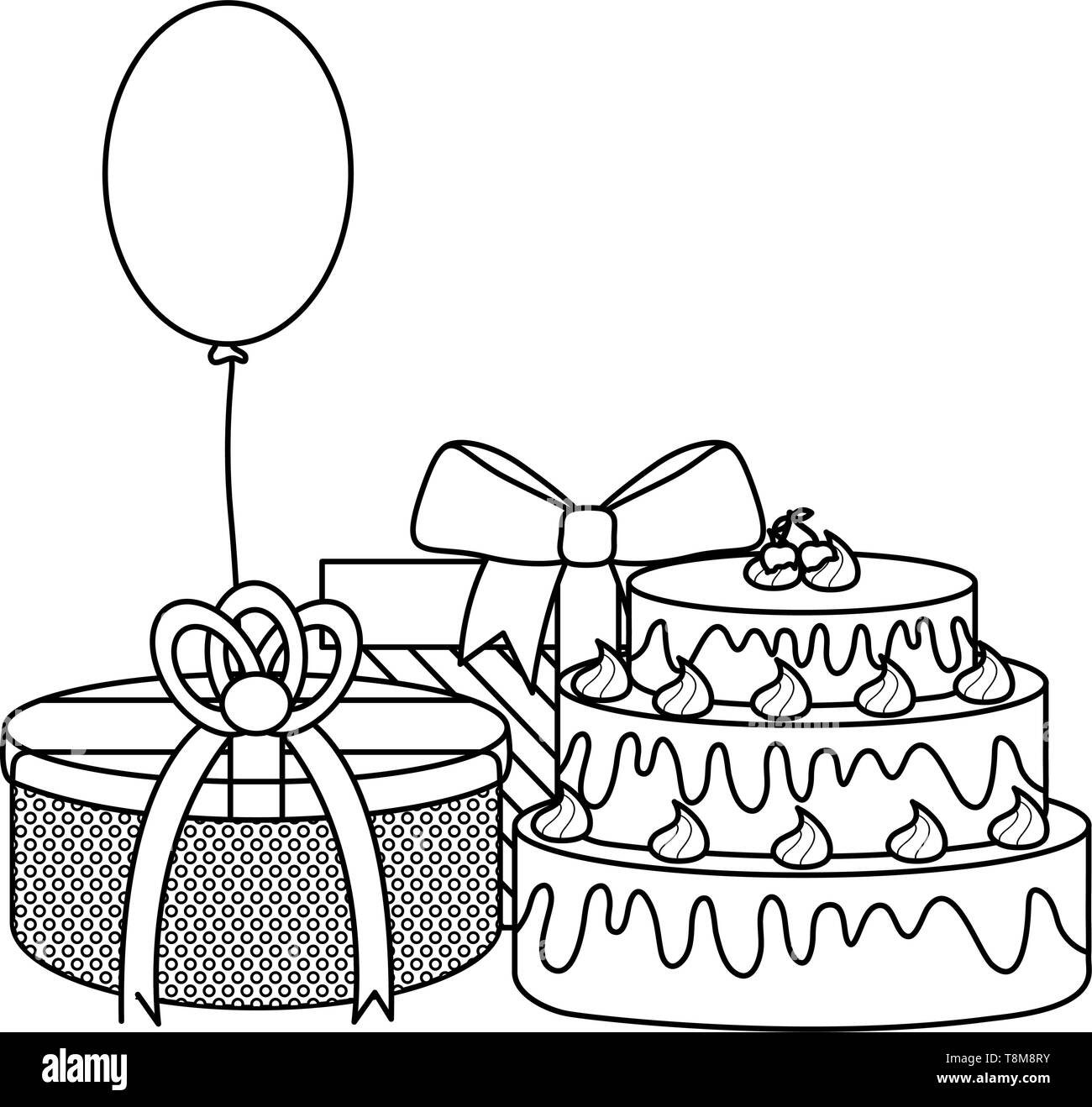 gift box with sweet cake and balloon helium floating vector ...
