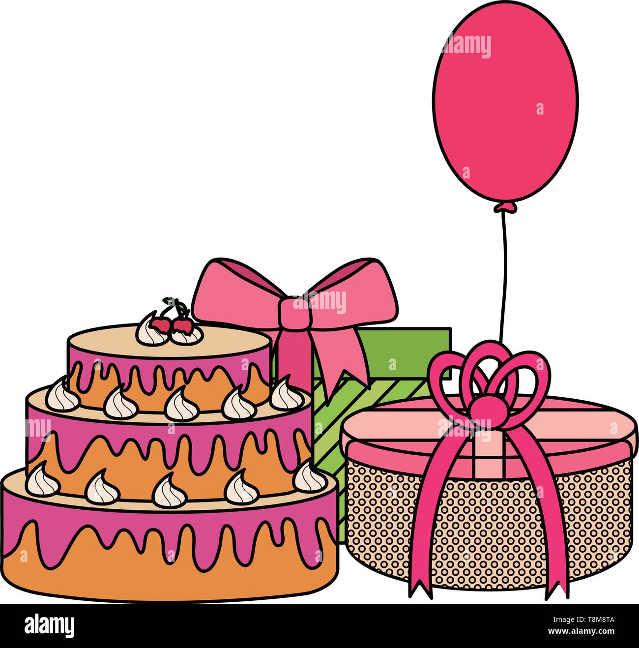 gift box with sweet cake and balloon helium floating vector ...