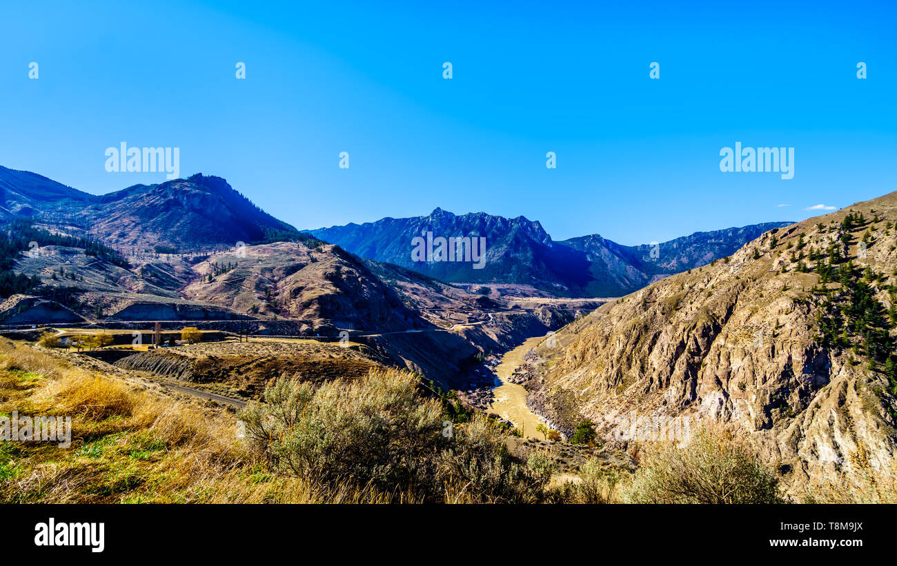 The Fraser River along Highway 99, from the area called the 10 mile slide or Fountain Slide, as the river flows to the town of Lillooet in BC, Canada Stock Photo