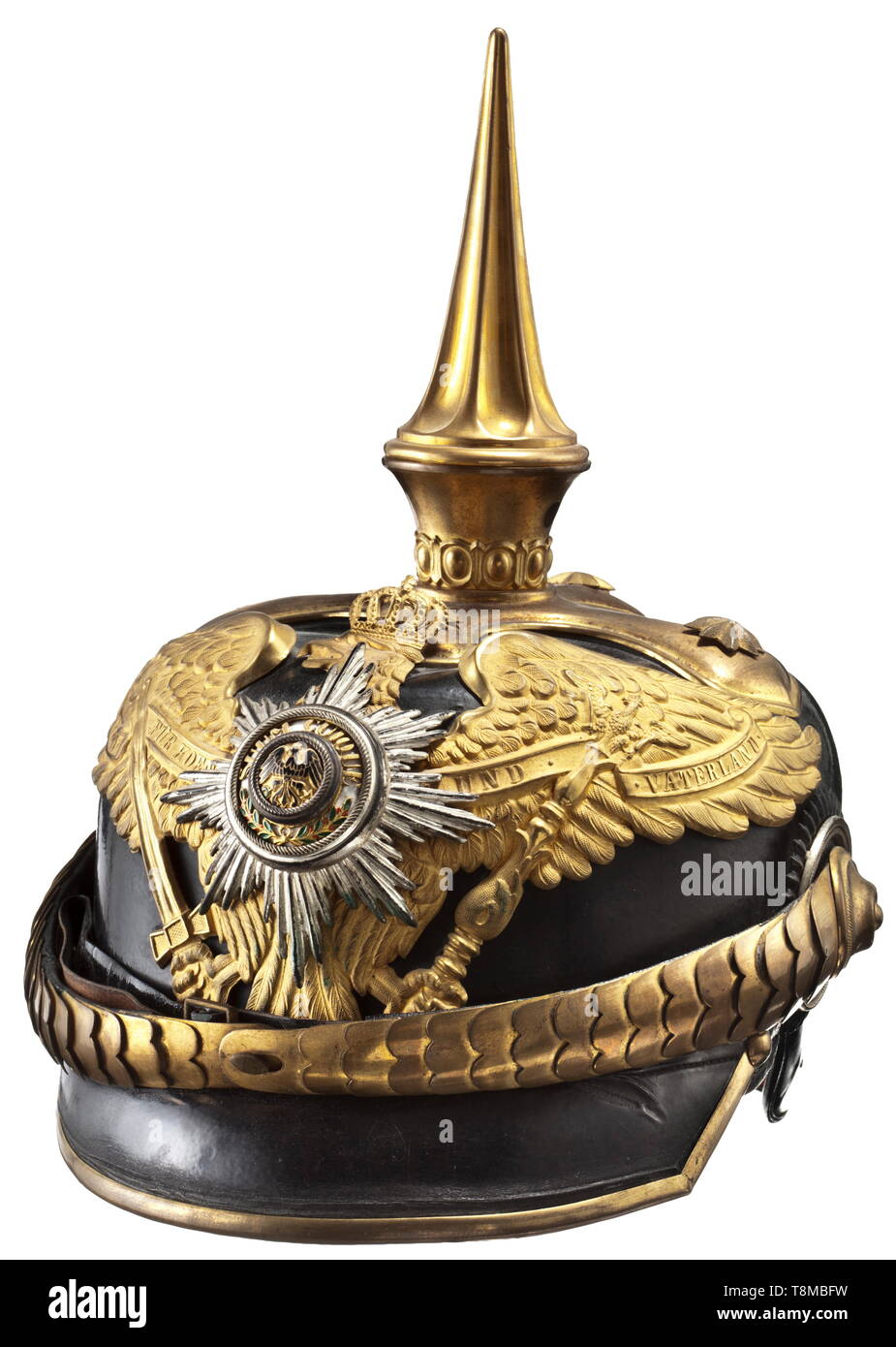 A general's helmet from the possession of Otto von Lauenstein Leather bodyl with fire gilt fittings, cruciform base with star-shaped screws (one is missing) and tall, elegant spike, the helmet eagle with applied silver star of the High Order of the Black Eagle. Gilt chinscales, cockades, silk rep lining. Also three photos of Lauenstein. Untouched helmet directly from the family of the original owner. historic, historical, Prussian, Prussia, German, Germany, militaria, military, object, objects, stills, clipping, clippings, cut out, cut-out, cut-outs, 20th century, Editorial-Use-Only Stock Photo