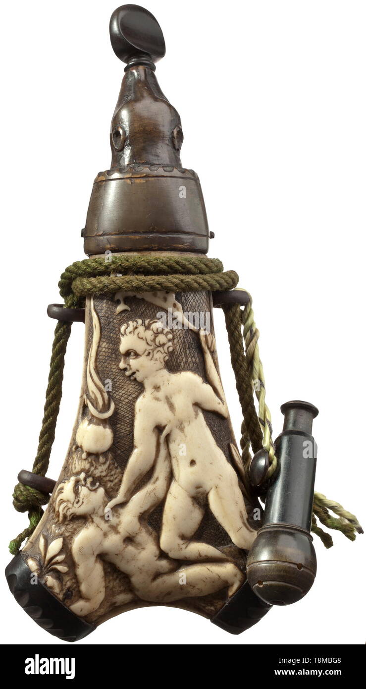 A German powder flask, dated 1597 Carved body made from staghorn, on the front side depiction of the Slaying of Abel by Cain, on the reverse side an engraved tropaion, scroll and date. The terminals and the spout made from horn, the spout shaped like a bear's head, the plug with a broach. Four iron carrying loops at the sides. Attached luring whistle. Height 21 cm. historic, historical, powder flask, accessory, accessories, military, militaria, object, objects, stills, utilities, utility, clipping, clippings, cut out, cut-out, cut-outs, utensil, , Additional-Rights-Clearance-Info-Not-Available Stock Photo